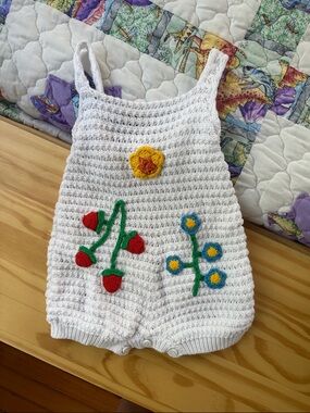 Stella McCartney White Crochet Baby Romper with Red & Yellow Flower Appliqués